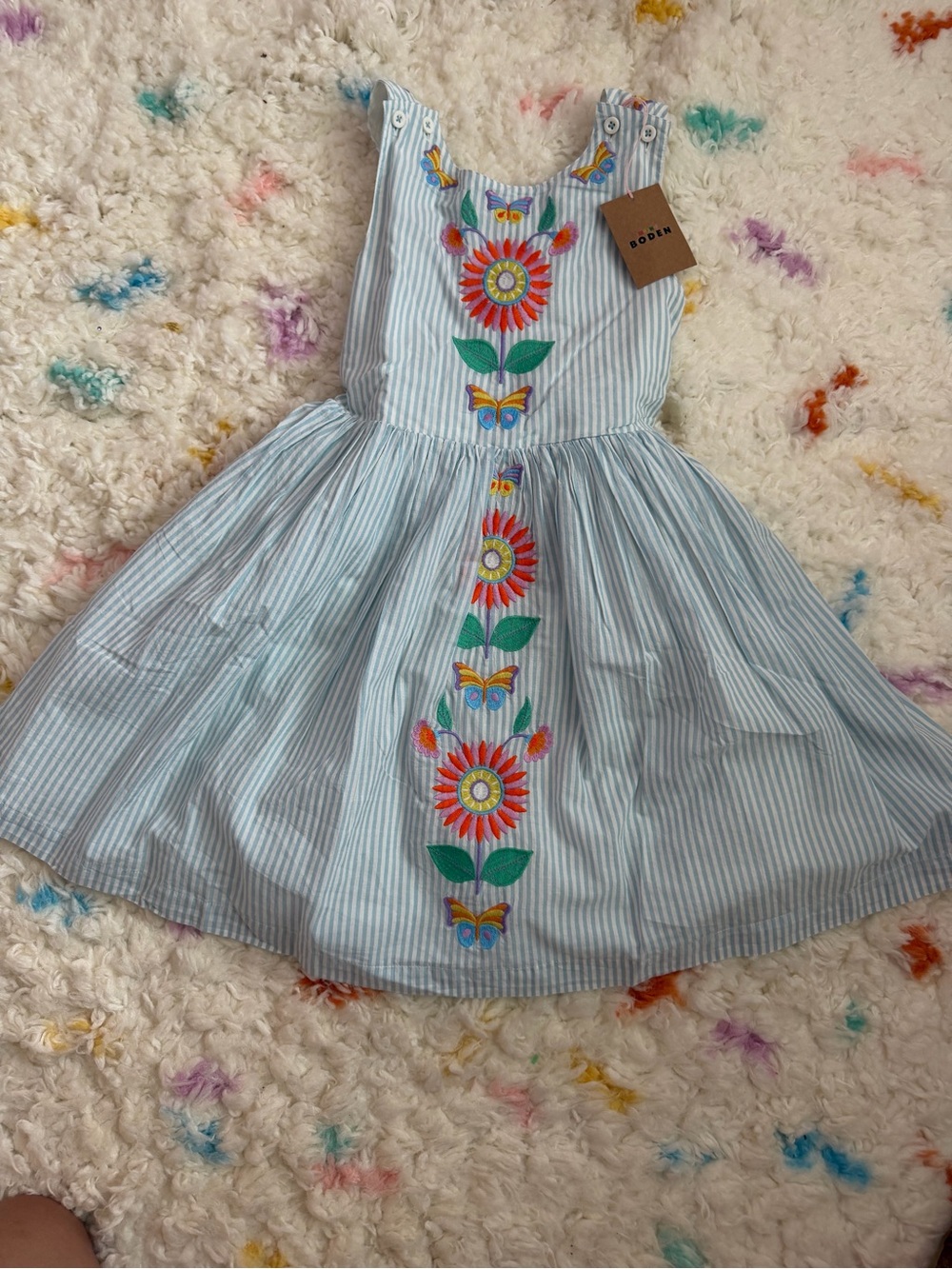 Boden Light Blue & White Stripe Floral Embroidered Sundress